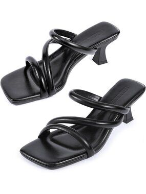 Women's Black Square Toe Kitten Heel Sandals Comfortable Open Toe Shoes Low Heel